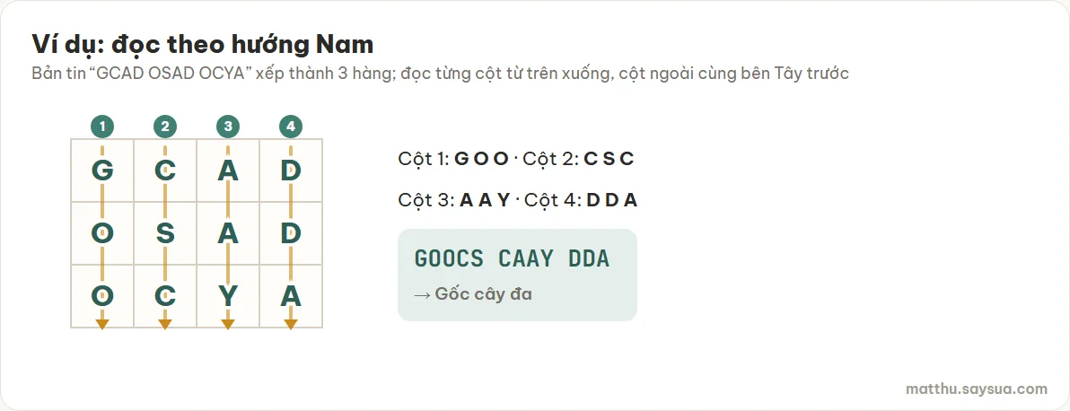 Bảng 3 hàng: G C A D / O S A D / O C Y A; đọc từng cột từ trên xuống: GOO, CSC, AAY, DDA thành GOOCS CAAY DDA – Gốc cây đa